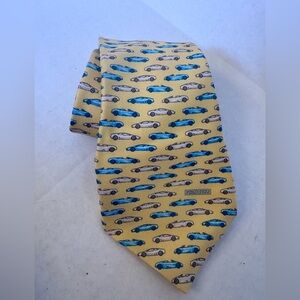 Versace 100% Silk Tie Yellow w/ Blue & Silver Sports Car Print 58” Luxury Design